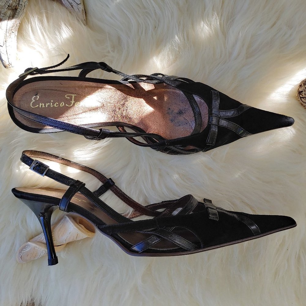 Black Suede with Leather Details Cut-out Pointed-Toe Slingback Pumps (39…